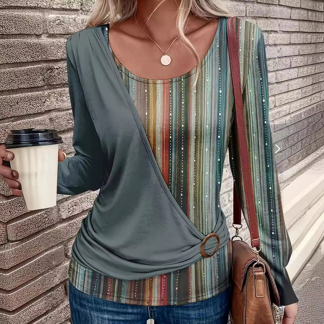 Damen Lagenlook Wickel‑Shirt mit asymmetrischer Drapierung und gestreiftem Unterteil – Orélia