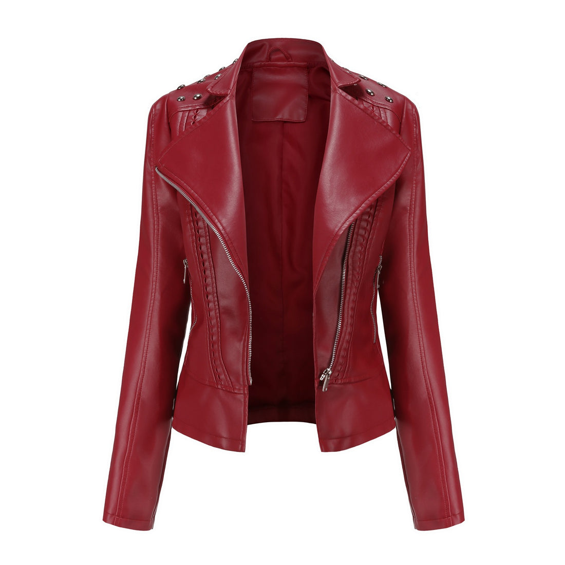 Damen Bikerjacke aus Kunstleder mit Nietenbesatz und asymmetrischem Reißverschluss – Velloura