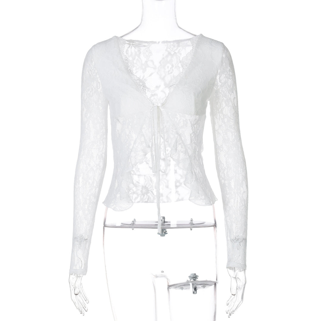Damen Spitzen-Cropped-Bluse mit Schleifenverschluss Echo Archiv