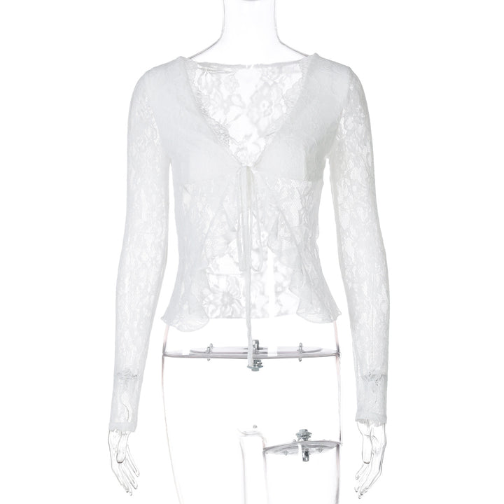 Damen Spitzen-Cropped-Bluse mit Schleifenverschluss Echo Archiv