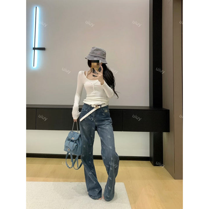 Damen Modische Baggy Jeans mit hohem Bund Echo Archiv
