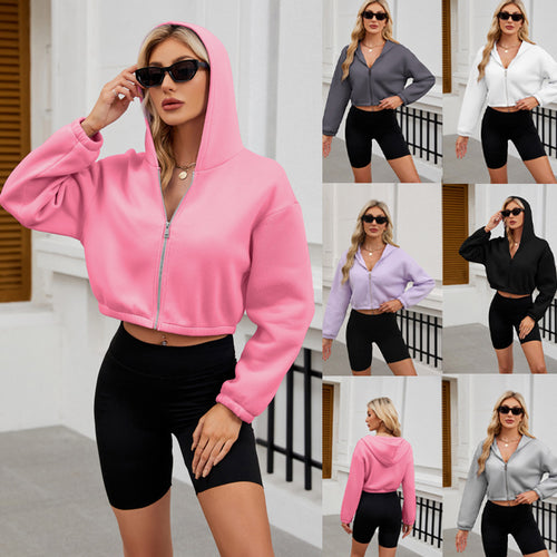 Damen Cropped Kapuzenjacke mit durchgehendem Reißverschluss und oversized Ärmeln Echo Archiv