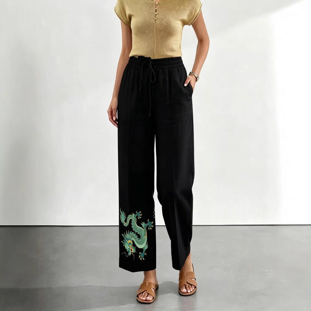 Damen lässige Leinen-Baumwoll Culotte mit elastischem Bund und Tigerstickerei – Avélisse
