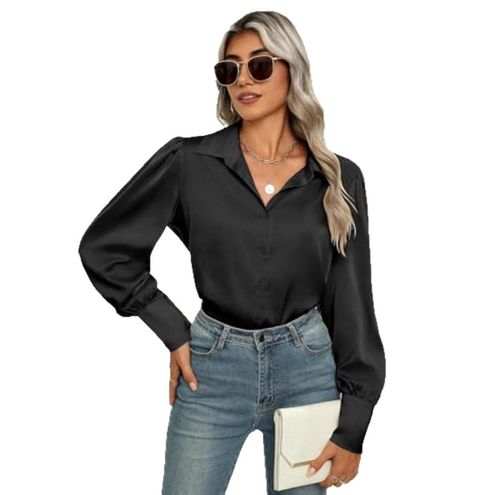 Damen Seidenoptik-Bluse mit Hemdkragen, verdeckter Knopfleiste und langen Manschetten – Élovi