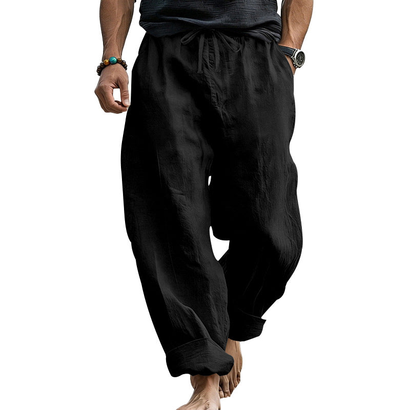 Herren Locker geschnittene Leinen-Loungehose mit Kordelzug, Umschlagsaum und Taschen – Sorevano
