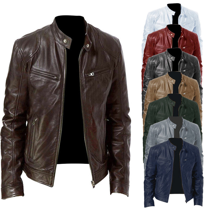 Herren nan schlanke Echtleder-Bikerjacke mit Stehkragen, zwei Brust-Reißverschlusstaschen und geradliniger Silhouette Echo Archiv
