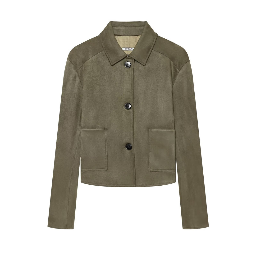 Damen Kurzjacke im Veloursleder-Look mit Hemdkragen und aufgesetzten Taschen Echo Archiv