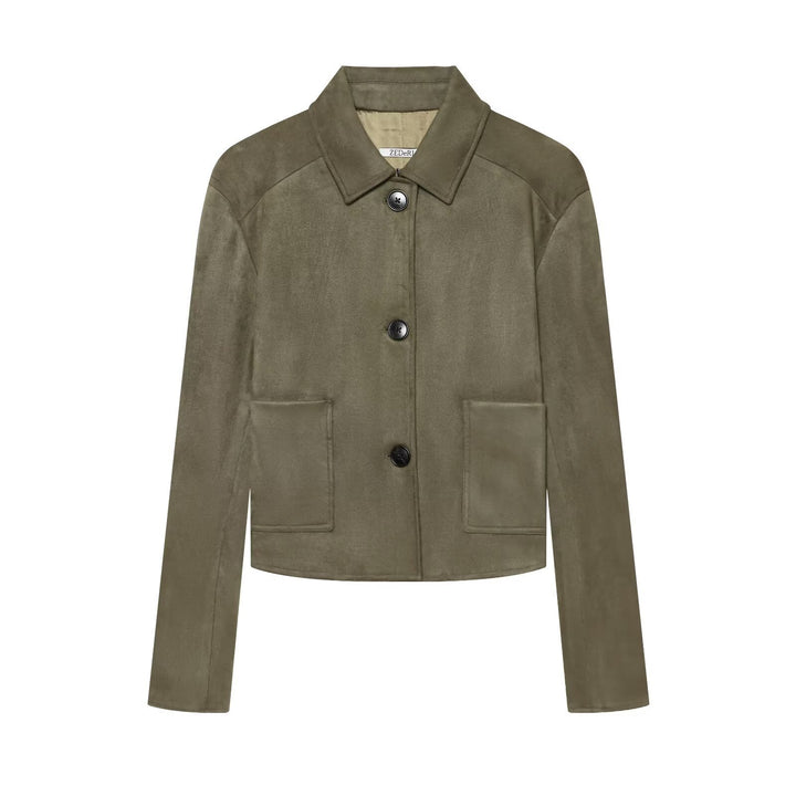 Damen Kurzjacke im Veloursleder-Look mit Hemdkragen und aufgesetzten Taschen Echo Archiv
