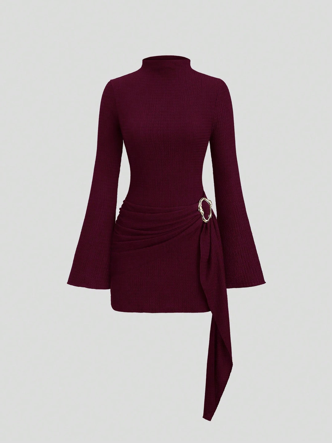 Damen nan figurbetontes Strick-Minikleid mit Stehkragen, Trompetenärmeln und seitlichem Drapé mit Zierring Echo Archiv
