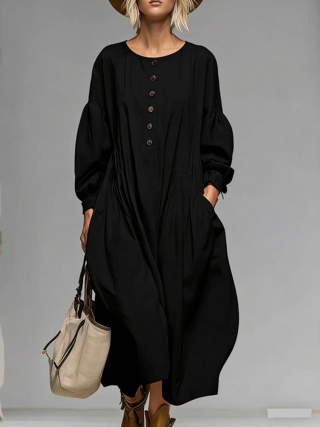 Damen Lässiges Midi-Kleid mit Knopfleiste, Ballonärmeln und Eingrifftaschen – Élara