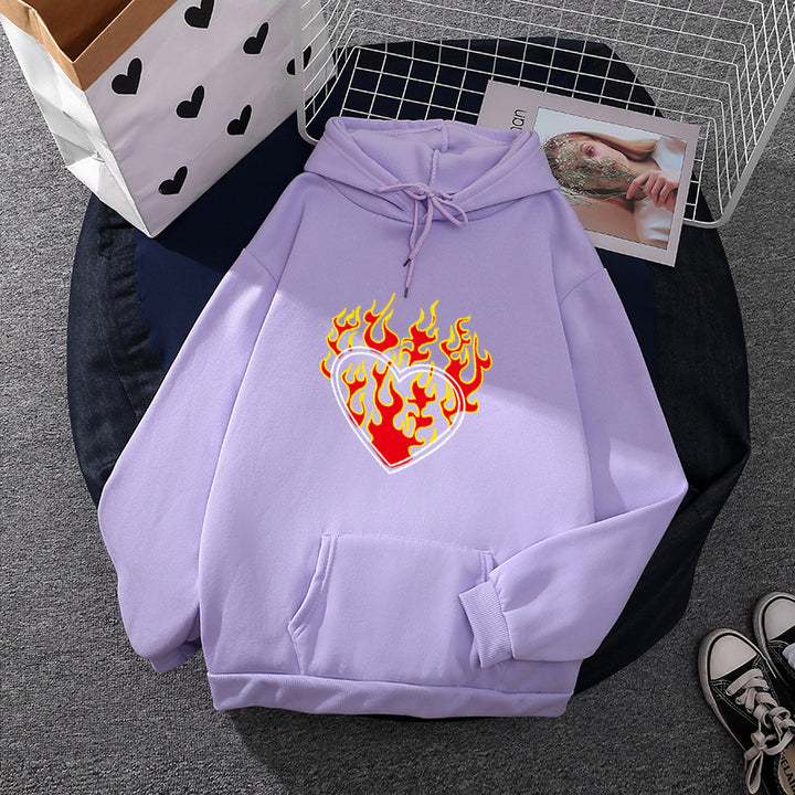 Damen leichter Oversize Kapuzenpullover mit Herz‑EKG‑Motiv, langen Kordeln und elastischem Bund – Auréline