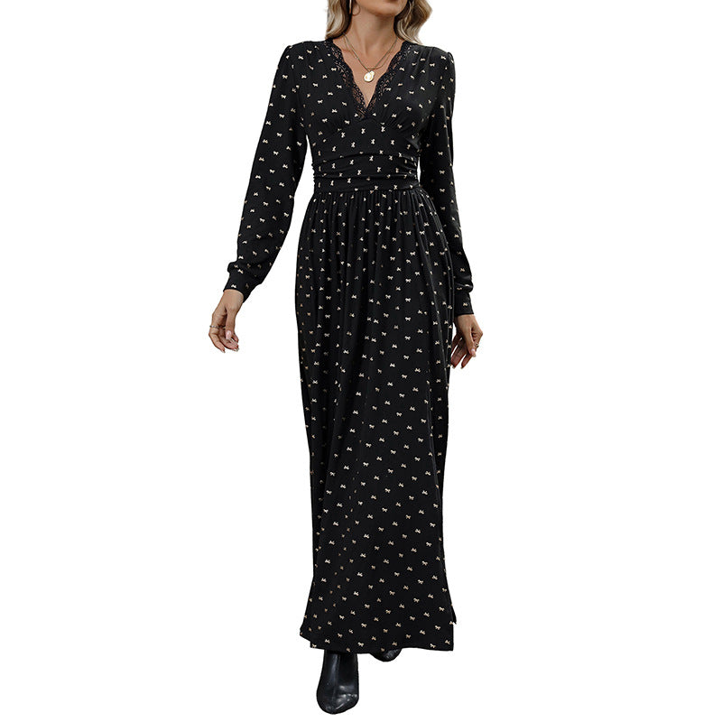 Damen Elegantes Maxi-Wickelkleid mit Spitzenbesatz, hohem Brustbund und gerafftem Volumenrock – Valéora