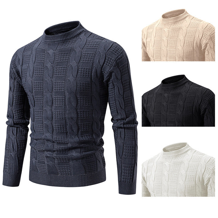 Herren eleganter Strickpullover mit hochgeschlossenem Kragen und Zopfmuster Echoarchiv