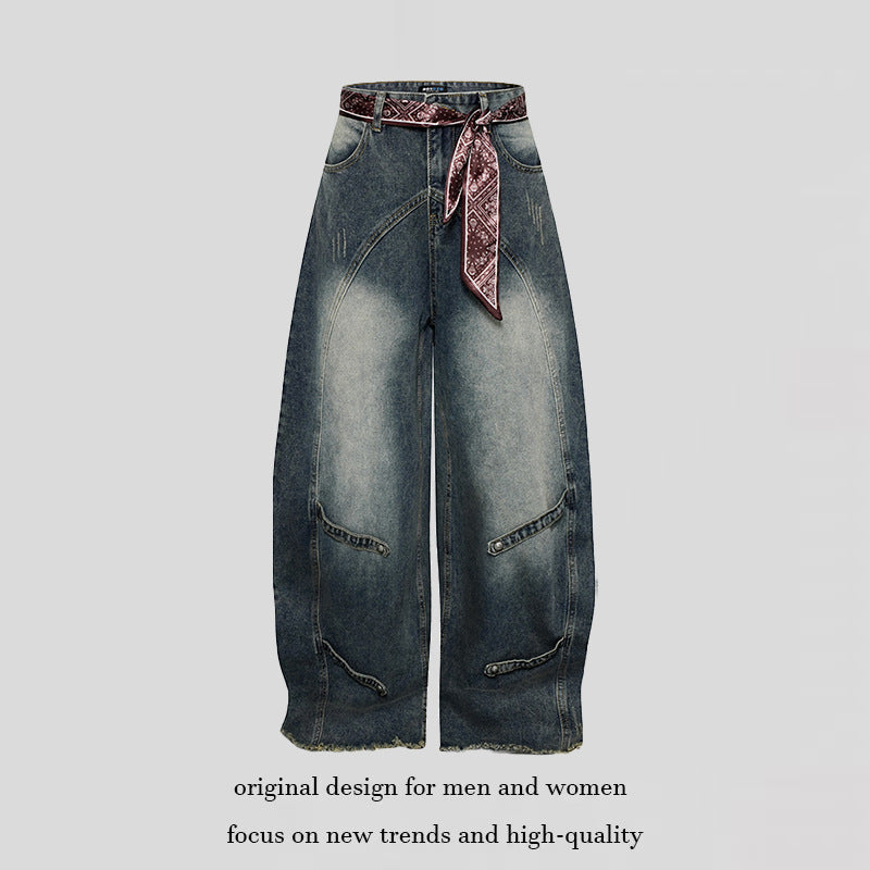 Damen Weite Denim-Culotte mit hohem Bund und Bandana-Gürtel Echoarchiv