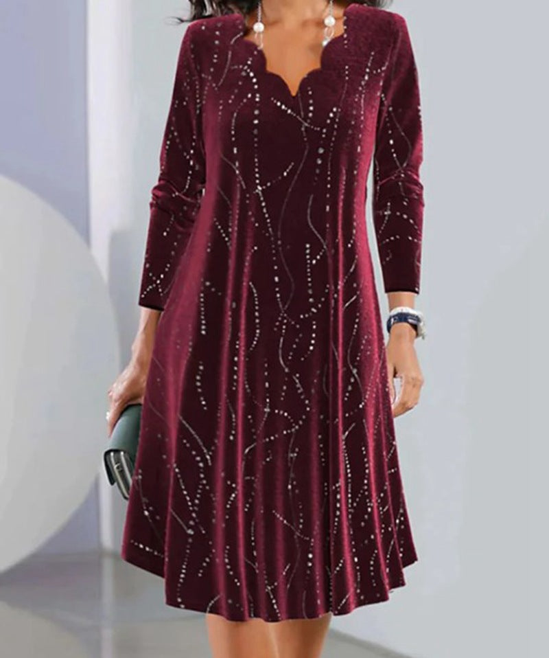 Damen nan Samt-A-Linienkleid mit geschwungenem Ausschnitt langen Ärmeln und Strassverzierung Echo Archiv
