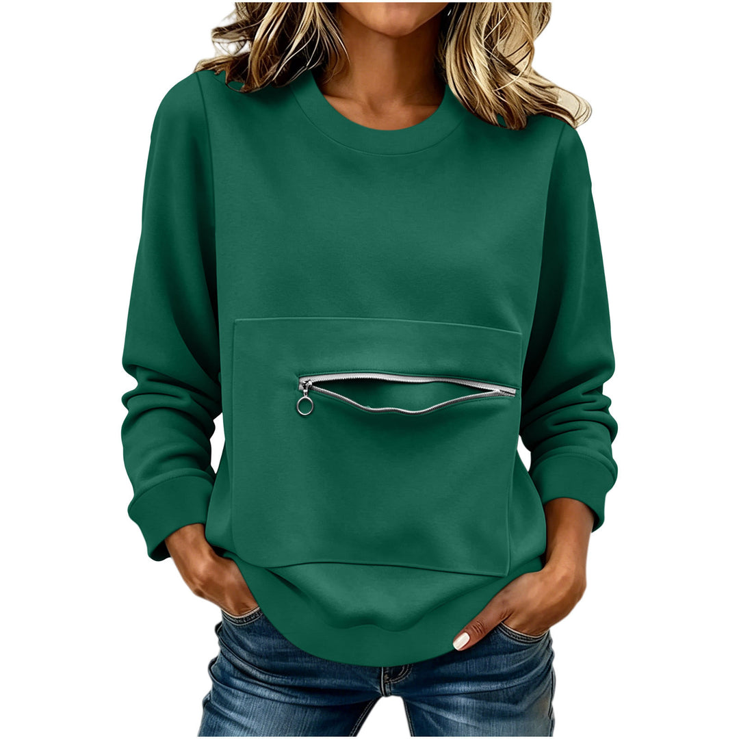 Damen locker geschnittenes Sweatshirt mit Frontreißverschlusstasche und Rundhalsausschnitt – Avérine