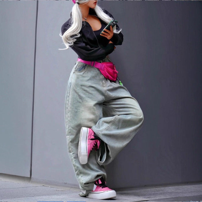 Damen weite High‑Waist Baggy-Jeans mit tiefem Schritt und Vintage-Waschung Echo Archiv