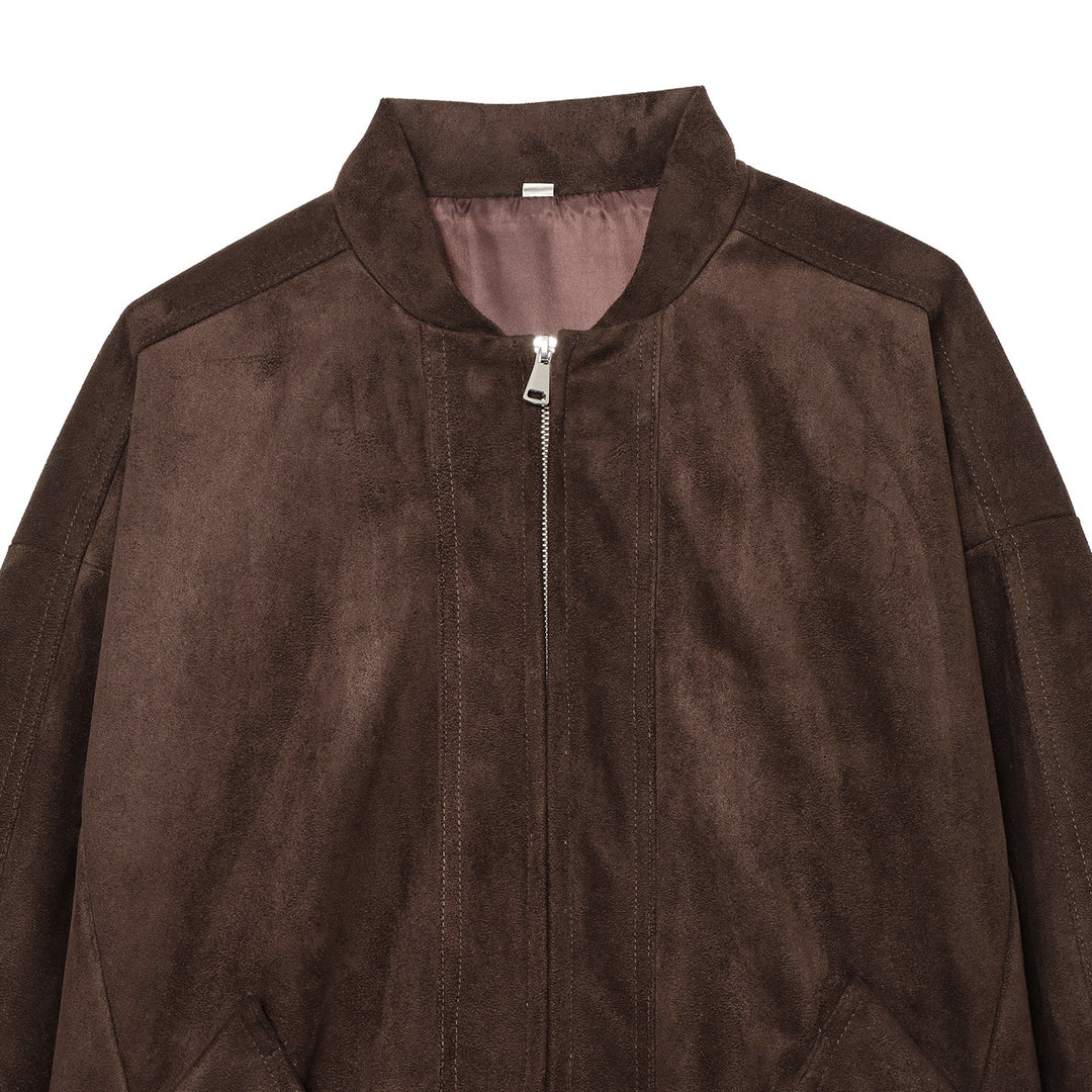 Damen lässige Wildlederoptik Bomberjacke mit Reißverschluss, Stehkragen und großen Pattentaschen – Avenza