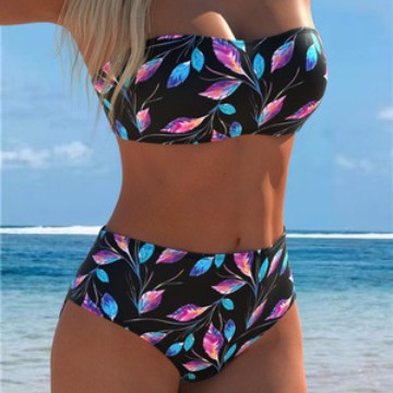 Damen Bandeau-Bikini mit hohem Taillenschnitt und kontrastierendem Blumendesign Echo Archiv