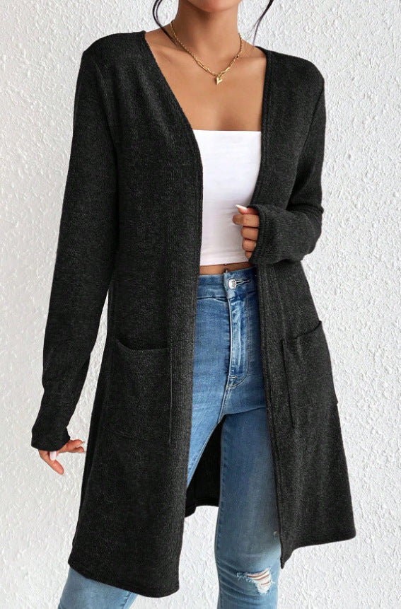 Damen offener Longcardigan mit aufgesetzten Taschen und weichem Feinstrick – Veloura