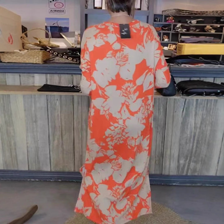 Damen nan fließendes A-Linien-Maxikleid mit Dreiviertelärmeln Rundhalsausschnitt Seitenschlitz und Eingrifftaschen Echo Archiv