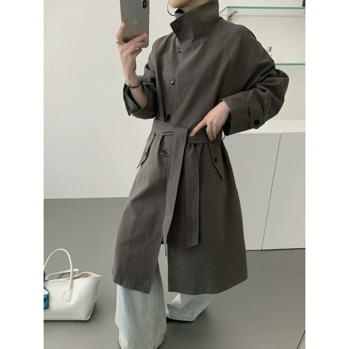 Damen Midilanger Trenchcoat mit hohem Stehkragen, Bindegürtel und lässiger Oversize-Silhouette Echoarchiv