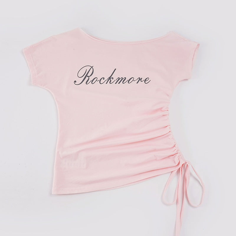 Damen Off-Shoulder T-Shirt mit Raffungen und modischem Schriftzug Echo Archiv