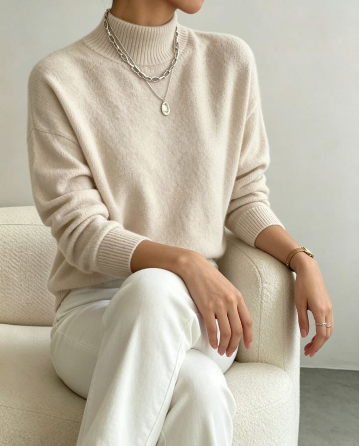 Damen kuscheliger Feinstrickpullover mit Stehkragen und überschnittener Schulter – Mavelle