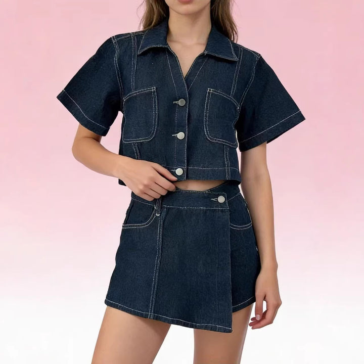 Damen kurz geschnittene Denim-Bluse mit zwei aufgesetzten Taschen Echo Archiv