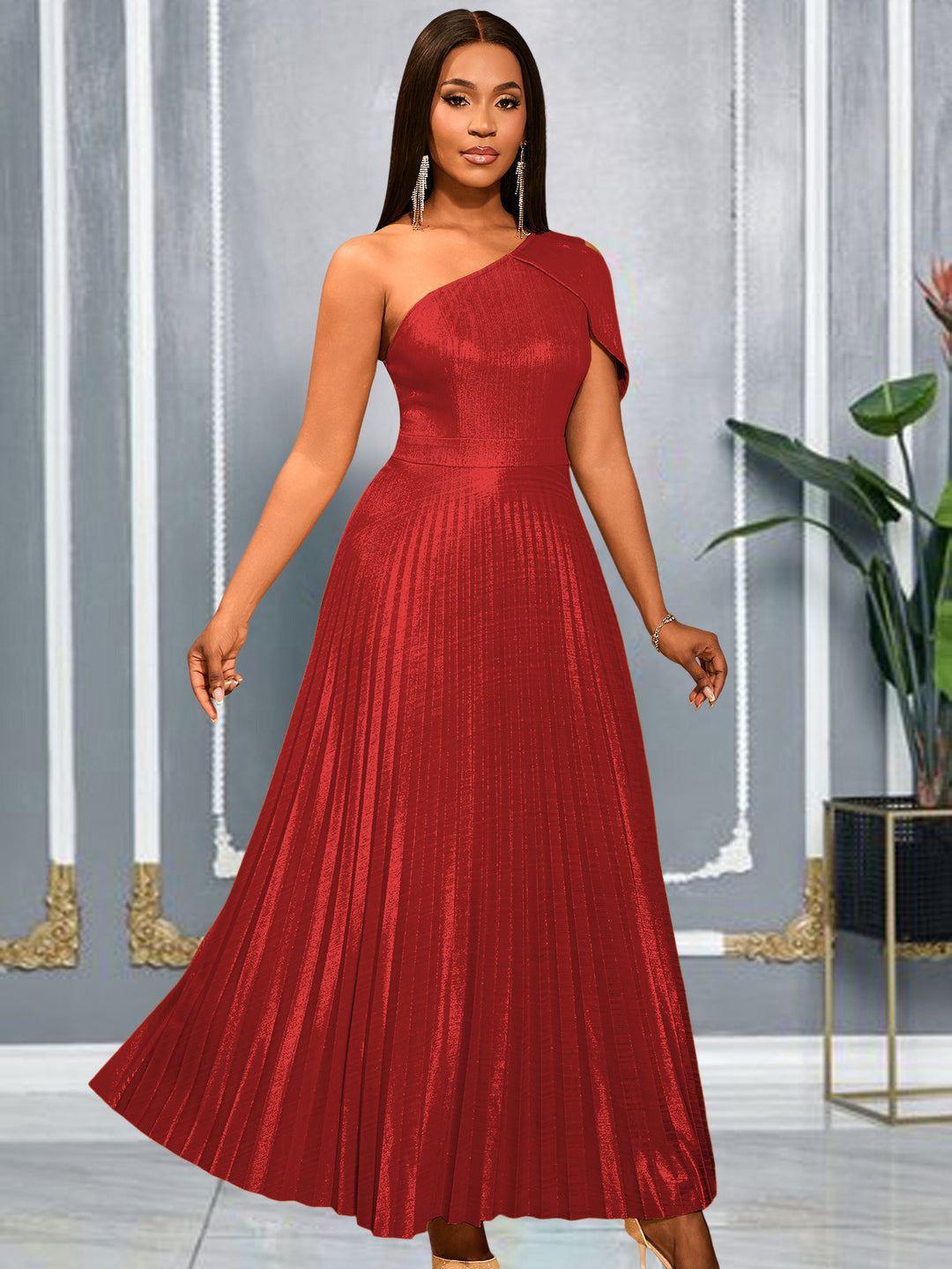 Damen Elegantes Maxi-Kleid mit asymmetrischem Schulterdesign und schimmerndem Plisseestoff Echo Archiv