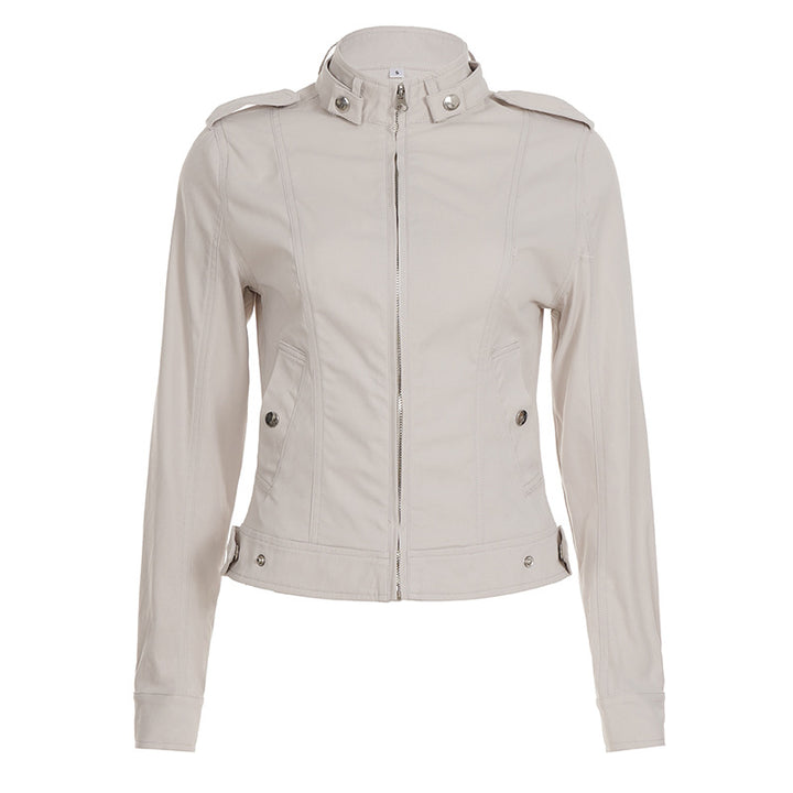 Damen nan taillierte Kurzjacke mit Stehkragen, Epauletten, Taillenriegeln und durchgehendem Reißverschluss Echo Archiv