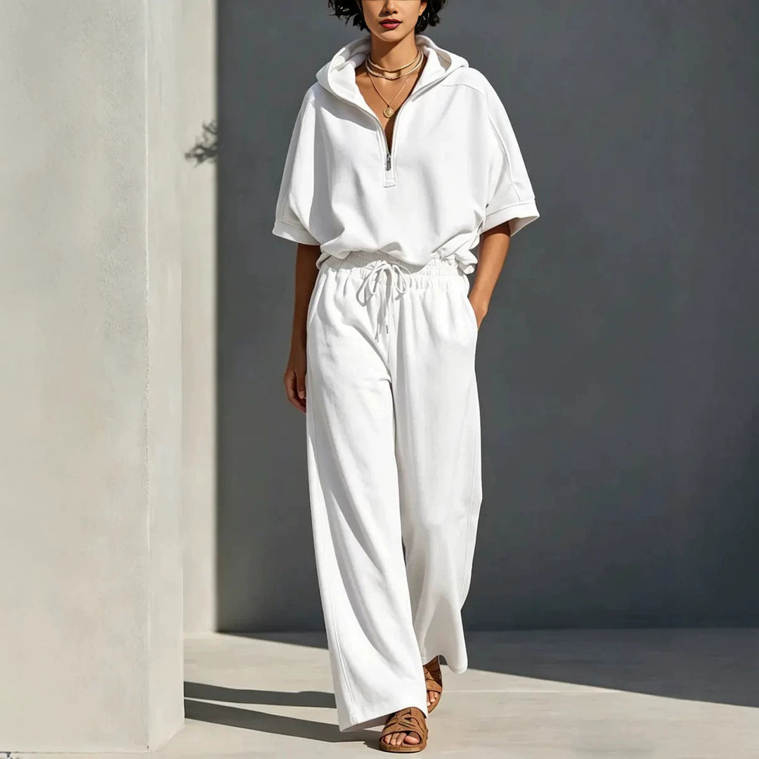 Damen Lässiges Lounge-Set mit Kapuzenpullover mit halbem Reißverschluss und weiter Palazzohose Echoarchiv