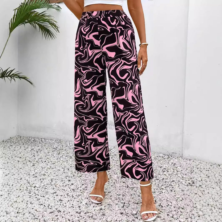 Damen Weite Palazzo-Hose mit Modernem Marmorprint und Elastischem Bund Echoarchiv