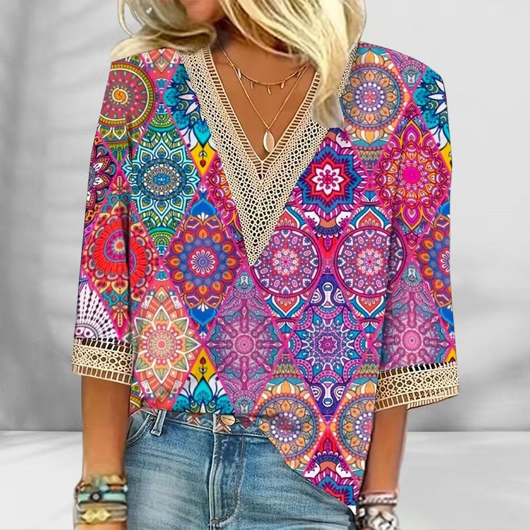 Damen nan locker fallende Mandala-Patchwork-Tunika mit tiefem V-Ausschnitt und Häkelspitzenbesatz Echo Archiv
