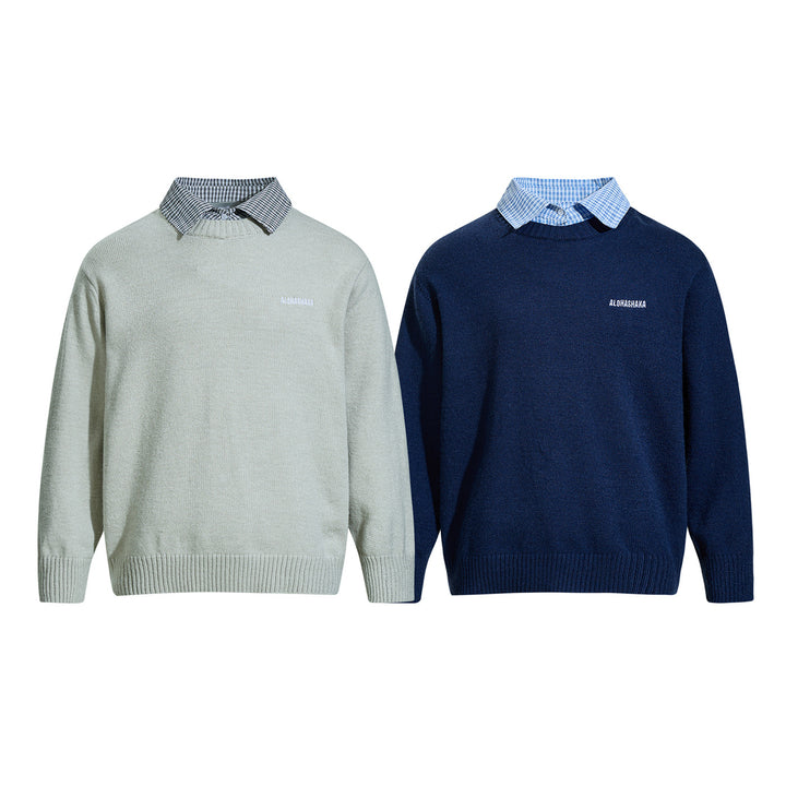 Herren Rundhalspullover mit eingesticktem Logo und Layer‑Hemdkragen Echoarchiv