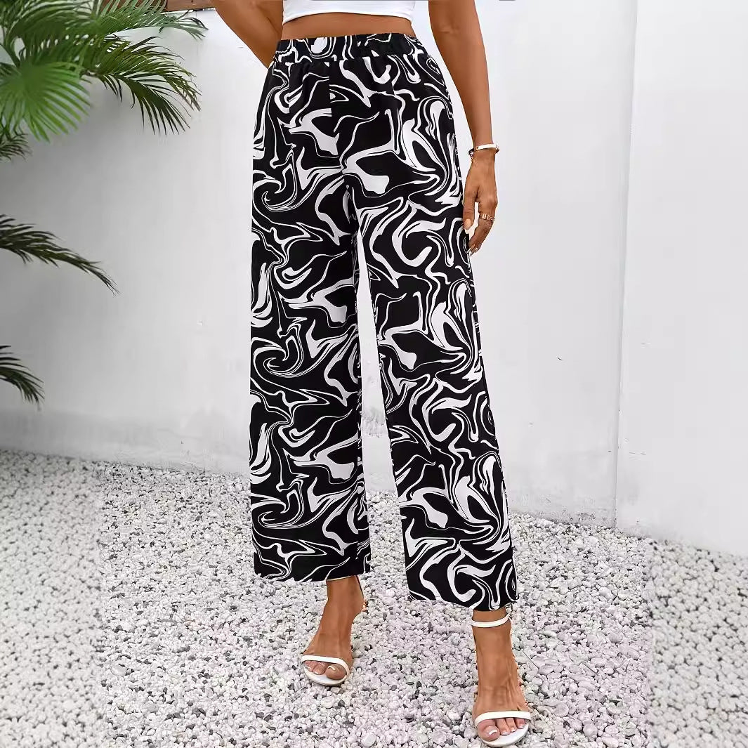 Damen Weite Palazzo-Hose mit Modernem Marmorprint und Elastischem Bund Echoarchiv