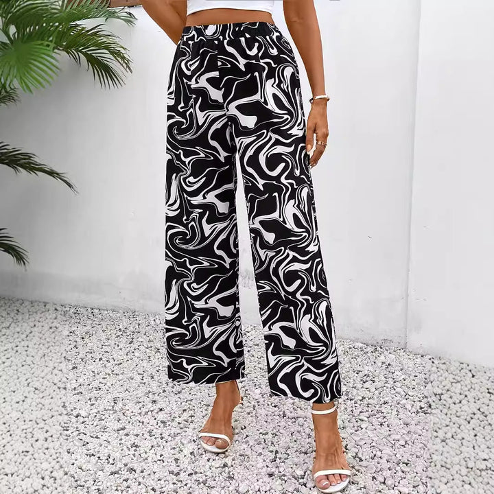 Damen Weite Palazzo-Hose mit Modernem Marmorprint und Elastischem Bund Echoarchiv