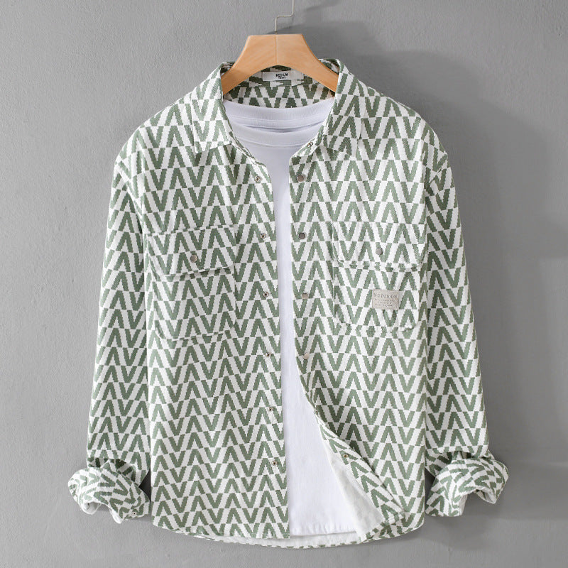 Herren Gemustertes Overshirt aus Baumwollmix mit geometrischem V‑Muster, aufgesetzten Brusttaschen und Relaxed‑Fit Echoarchiv