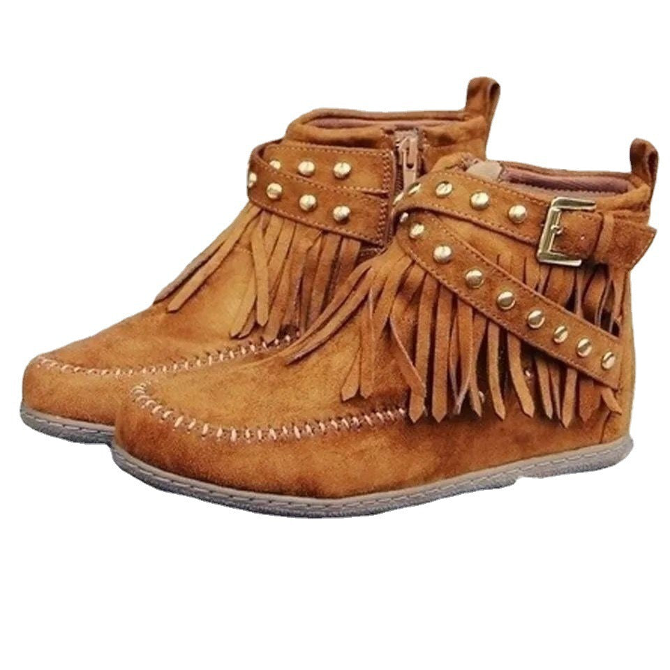 Damen Fransen-Ankleboots im Mokassinstil mit Ziernaht, Schnallenriemen und weicher Gummisohle Echo Archiv
