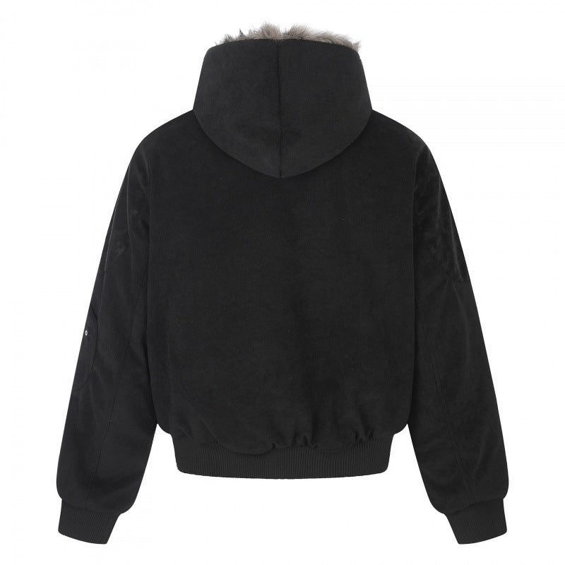 Unisex Oversize-gefütterte Kapuzen-Blousonjacke aus Velourslederimitat mit Teddyfutter Echo Archiv