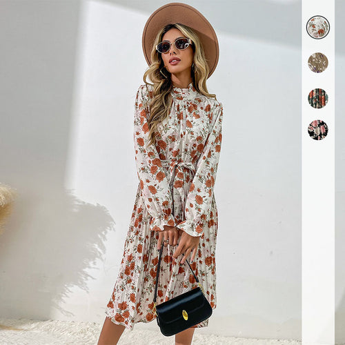 Damen Plissiertes Midikleid mit Rüschenkragen, Bindegürtel und floralem Allover-Print – Élara