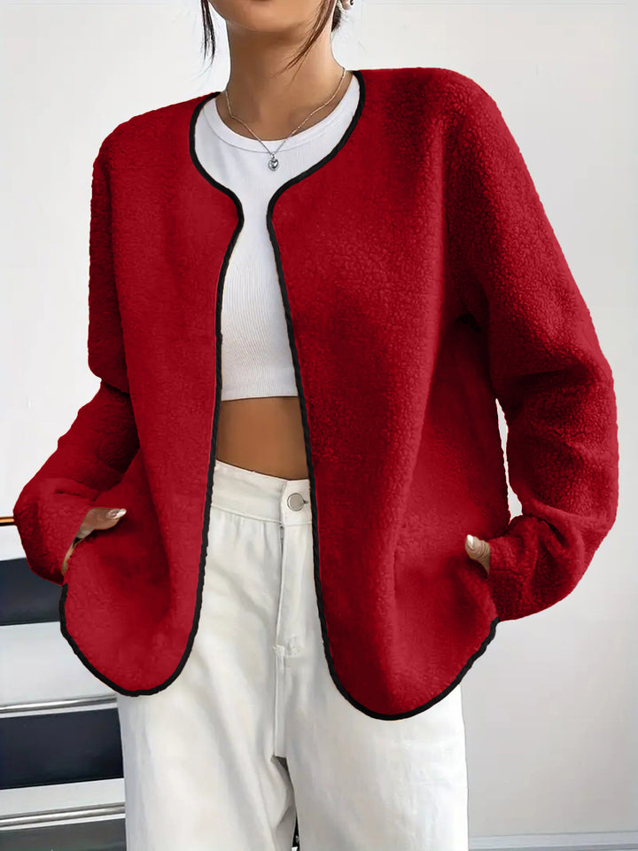 Damen Kurzjacke Teddy-Fleece Cardigan ohne Verschluss mit Rundhals – Célinea