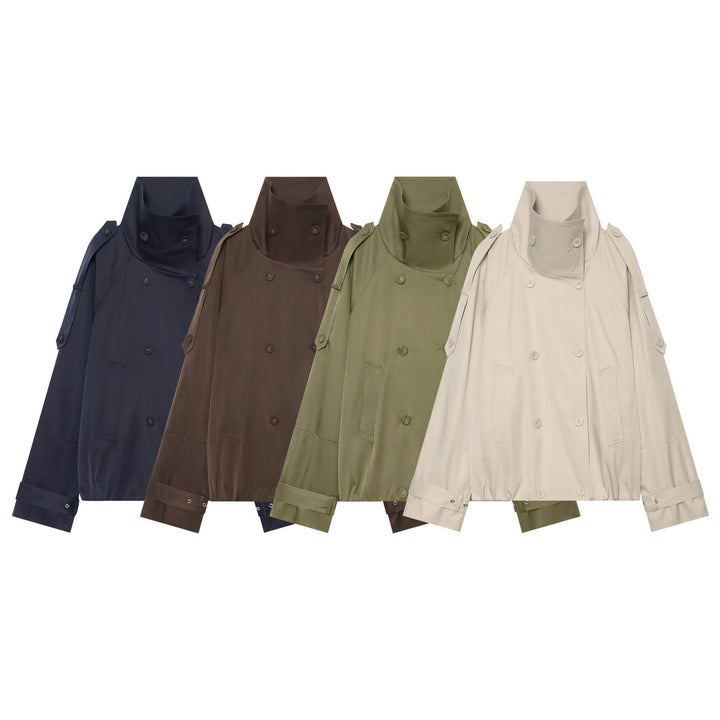 Damen doppeltreihiger Cape-Trench mit hohem Stehkragen und verstellbaren Ärmelriegeln – Célinea