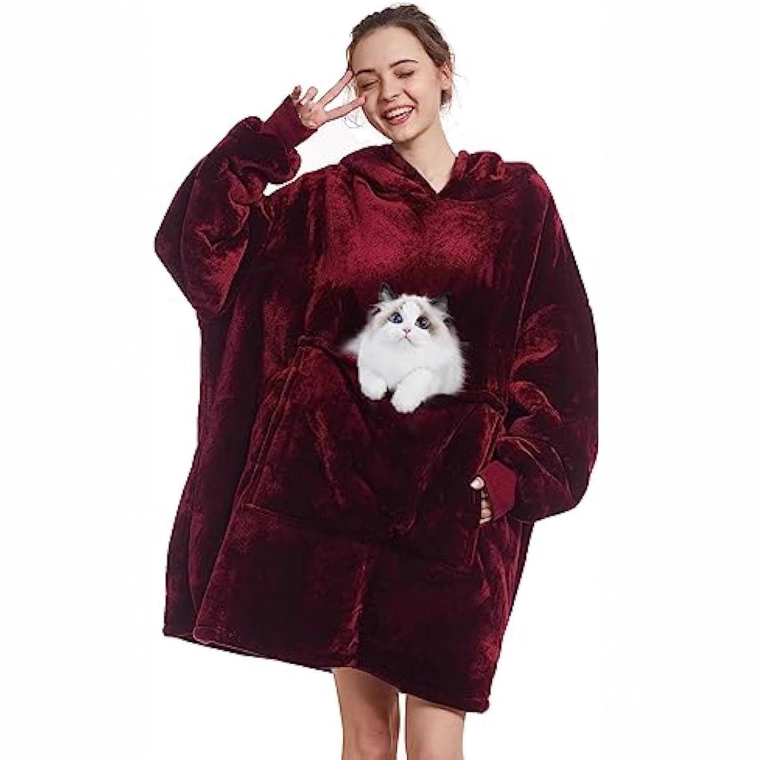Damen Oversize Kapuzen-Kuscheldecke aus Mikrofaser mit Sherpa-Futter – Avelisse