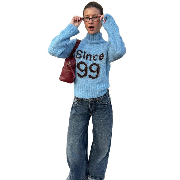Damen kuscheliger Oversize-Mohairpullover mit hohem Rollkragen und Statement-Logo Echoarchiv