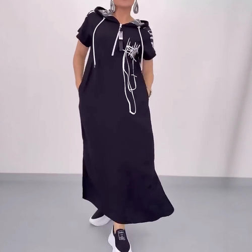 Damen nan urbanes Kapuzen‑Kaftankleid in lockerem Fall mit kurzärmeligem Schnitt und abstraktem Grafikmuster Echo Archiv