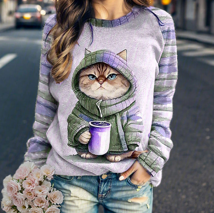 Damen nan lässiges Sweatshirt mit großem Kätzchen-Frontprint und gestreiften Raglanärmeln Echo Archiv