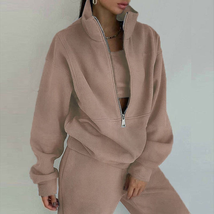Damen nan kurzes Halbzip-Sweatshirt-und-Jogginghose-Set mit Stehkragen, oversized Schnitt und weichem French-Terry Echo Archiv