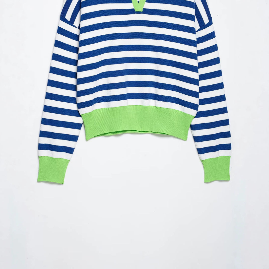 Damen Gestreifter Strickpolo-Sweater mit V-Ausschnitt und breitem Rippbund Echo Archiv