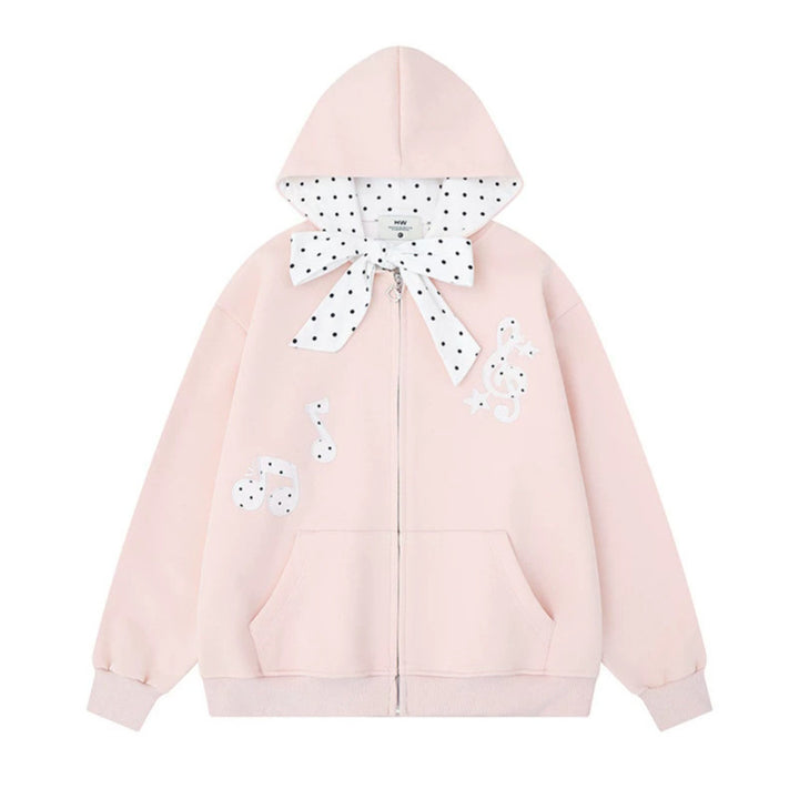 Damen Kapuzensweatjacke mit gepünktetem Kapuzenfutter, dekorativer Schleife und Notenmotiv Echoarchiv
